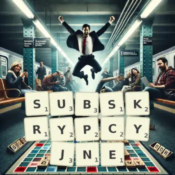 Kreatywna ilustracja do gry w Scrabble ze słowem SUBSKRYPCYJNE ułożonym z płytek na planszy.