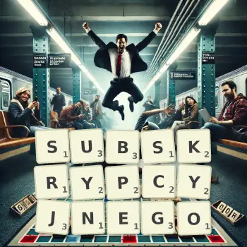 Kreatywna ilustracja do gry w Scrabble ze słowem SUBSKRYPCYJNEGO ułożonym z płytek na planszy.