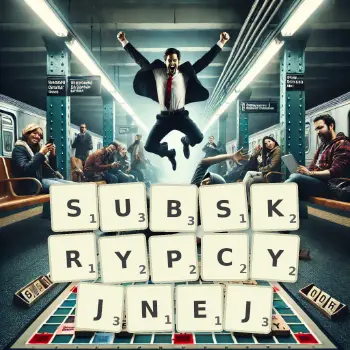 Kreatywna ilustracja do gry w Scrabble ze słowem SUBSKRYPCYJNEJ ułożonym z płytek na planszy.