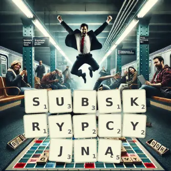 Kreatywna ilustracja do gry w Scrabble ze słowem SUBSKRYPCYJNĄ ułożonym z płytek na planszy.