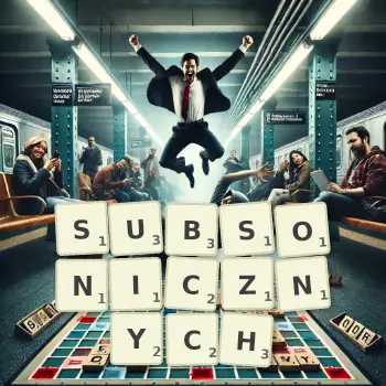 Kreatywna ilustracja do gry w Scrabble ze słowem SUBSONICZNYCH ułożonym z płytek na planszy.