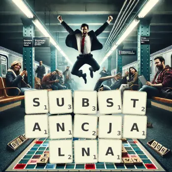 Kreatywna ilustracja do gry w Scrabble ze słowem SUBSTANCJALNA ułożonym z płytek na planszy.