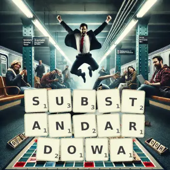 Kreatywna ilustracja do gry w Scrabble ze słowem SUBSTANDARDOWA ułożonym z płytek na planszy.