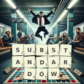 Kreatywna ilustracja do gry w Scrabble ze słowem SUBSTANDARDÓW ułożonym z płytek na planszy.