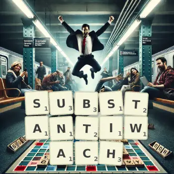 Kreatywna ilustracja do gry w Scrabble ze słowem SUBSTANTIWACH ułożonym z płytek na planszy.