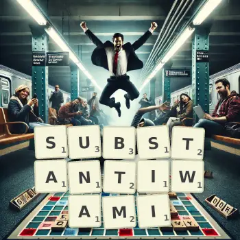 Kreatywna ilustracja do gry w Scrabble ze słowem SUBSTANTIWAMI ułożonym z płytek na planszy.