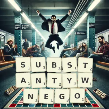 Kreatywna ilustracja do gry w Scrabble ze słowem SUBSTANTYWNEGO ułożonym z płytek na planszy.