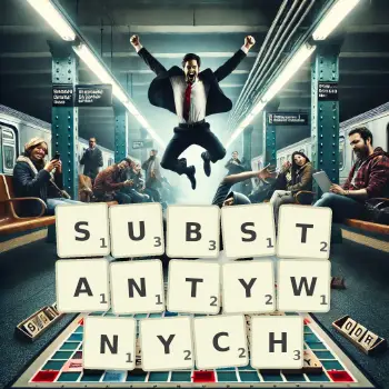 Kreatywna ilustracja do gry w Scrabble ze słowem SUBSTANTYWNYCH ułożonym z płytek na planszy.