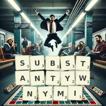 Kreatywna ilustracja do gry w Scrabble ze słowem SUBSTANTYWNYMI ułożonym z płytek na planszy.