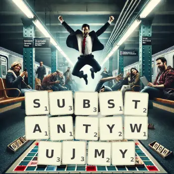 Kreatywna ilustracja do gry w Scrabble ze słowem SUBSTANTYWUJMY ułożonym z płytek na planszy.