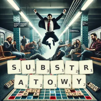 Kreatywna ilustracja do gry w Scrabble ze słowem SUBSTRATOWY ułożonym z płytek na planszy.