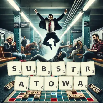 Kreatywna ilustracja do gry w Scrabble ze słowem SUBSTRATOWĄ ułożonym z płytek na planszy.