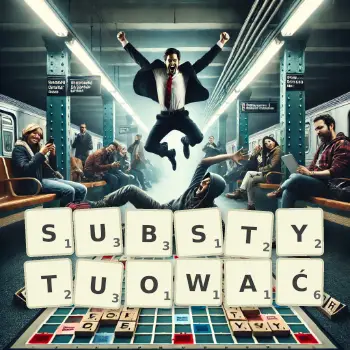 Kreatywna ilustracja do gry w Scrabble ze słowem SUBSTYTUOWAĆ ułożonym z płytek na planszy.