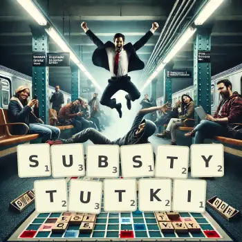 Kreatywna ilustracja do gry w Scrabble ze słowem SUBSTYTUTKI ułożonym z płytek na planszy.