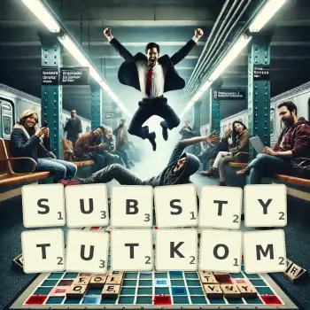 Kreatywna ilustracja do gry w Scrabble ze słowem SUBSTYTUTKOM ułożonym z płytek na planszy.