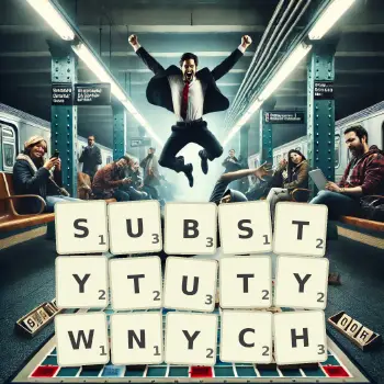 Kreatywna ilustracja do gry w Scrabble ze słowem SUBSTYTUTYWNYCH ułożonym z płytek na planszy.