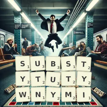 Kreatywna ilustracja do gry w Scrabble ze słowem SUBSTYTUTYWNYMI ułożonym z płytek na planszy.