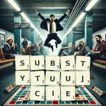 Kreatywna ilustracja do gry w Scrabble ze słowem SUBSTYTUUJCIE ułożonym z płytek na planszy.