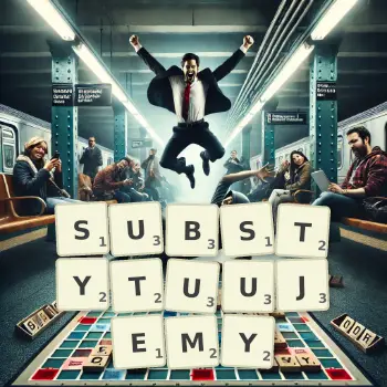 Kreatywna ilustracja do gry w Scrabble ze słowem SUBSTYTUUJEMY ułożonym z płytek na planszy.