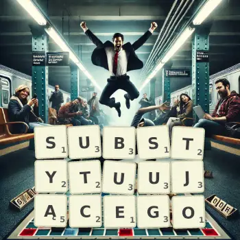 Kreatywna ilustracja do gry w Scrabble ze słowem SUBSTYTUUJĄCEGO ułożonym z płytek na planszy.