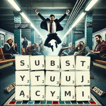 Kreatywna ilustracja do gry w Scrabble ze słowem SUBSTYTUUJĄCYMI ułożonym z płytek na planszy.