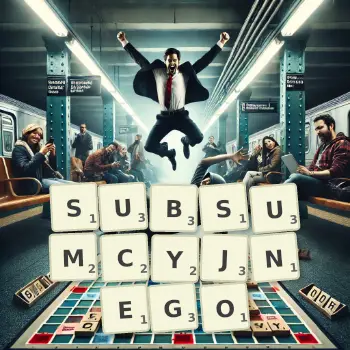 Kreatywna ilustracja do gry w Scrabble ze słowem SUBSUMCYJNEGO ułożonym z płytek na planszy.