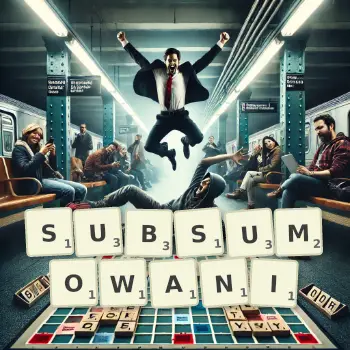 Kreatywna ilustracja do gry w Scrabble ze słowem SUBSUMOWANI ułożonym z płytek na planszy.
