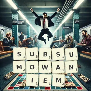 Kreatywna ilustracja do gry w Scrabble ze słowem SUBSUMOWANIEM ułożonym z płytek na planszy.