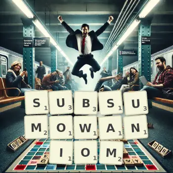 Kreatywna ilustracja do gry w Scrabble ze słowem SUBSUMOWANIOM ułożonym z płytek na planszy.