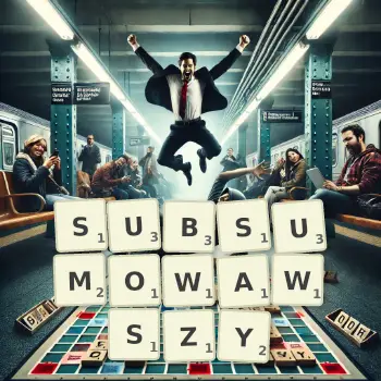 Kreatywna ilustracja do gry w Scrabble ze słowem SUBSUMOWAWSZY ułożonym z płytek na planszy.