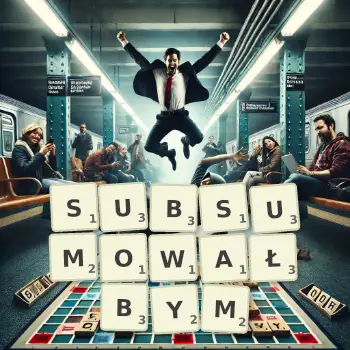 Kreatywna ilustracja do gry w Scrabble ze słowem SUBSUMOWAŁBYM ułożonym z płytek na planszy.