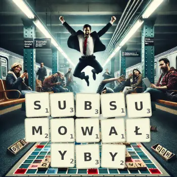 Kreatywna ilustracja do gry w Scrabble ze słowem SUBSUMOWAŁYBY ułożonym z płytek na planszy.