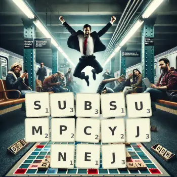 Kreatywna ilustracja do gry w Scrabble ze słowem SUBSUMPCYJNEJ ułożonym z płytek na planszy.