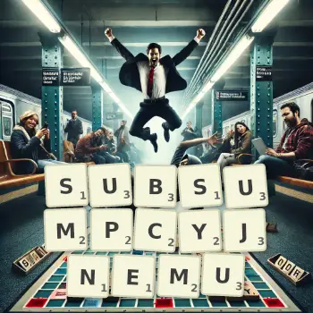 Kreatywna ilustracja do gry w Scrabble ze słowem SUBSUMPCYJNEMU ułożonym z płytek na planszy.