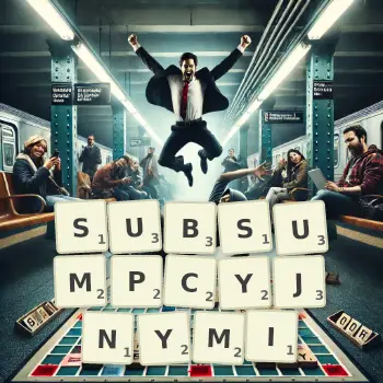 Kreatywna ilustracja do gry w Scrabble ze słowem SUBSUMPCYJNYMI ułożonym z płytek na planszy.