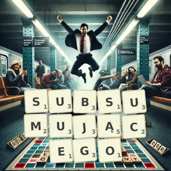 Kreatywna ilustracja do gry w Scrabble ze słowem SUBSUMUJĄCEGO ułożonym z płytek na planszy.