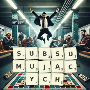 Kreatywna ilustracja do gry w Scrabble ze słowem SUBSUMUJĄCYCH ułożonym z płytek na planszy.