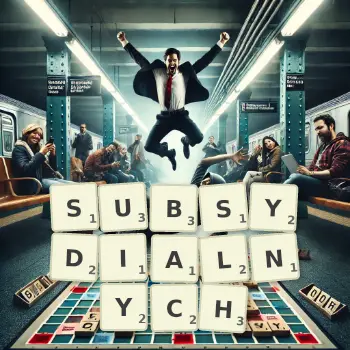 Kreatywna ilustracja do gry w Scrabble ze słowem SUBSYDIALNYCH ułożonym z płytek na planszy.