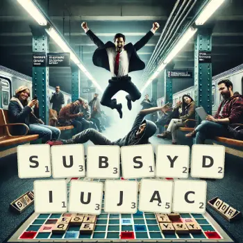 Kreatywna ilustracja do gry w Scrabble ze słowem SUBSYDIUJĄC ułożonym z płytek na planszy.