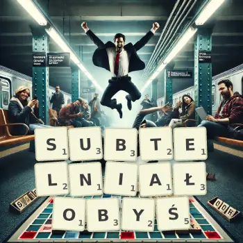 Kreatywna ilustracja do gry w Scrabble ze słowem SUBTELNIAŁOBYŚ ułożonym z płytek na planszy.