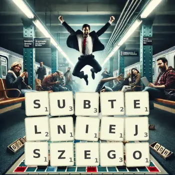 Kreatywna ilustracja do gry w Scrabble ze słowem SUBTELNIEJSZEGO ułożonym z płytek na planszy.