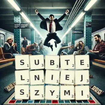 Kreatywna ilustracja do gry w Scrabble ze słowem SUBTELNIEJSZYMI ułożonym z płytek na planszy.