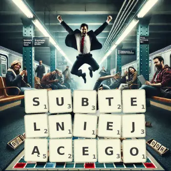 Kreatywna ilustracja do gry w Scrabble ze słowem SUBTELNIEJĄCEGO ułożonym z płytek na planszy.