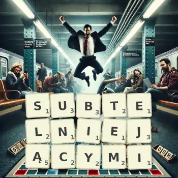 Kreatywna ilustracja do gry w Scrabble ze słowem SUBTELNIEJĄCYMI ułożonym z płytek na planszy.