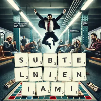 Kreatywna ilustracja do gry w Scrabble ze słowem SUBTELNIENIAMI ułożonym z płytek na planszy.