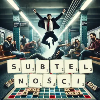 Kreatywna ilustracja do gry w Scrabble ze słowem SUBTELNOŚCI ułożonym z płytek na planszy.