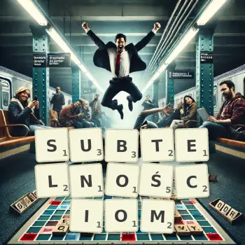 Kreatywna ilustracja do gry w Scrabble ze słowem SUBTELNOŚCIOM ułożonym z płytek na planszy.