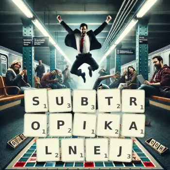 Kreatywna ilustracja do gry w Scrabble ze słowem SUBTROPIKALNEJ ułożonym z płytek na planszy.