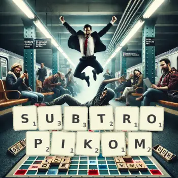 Kreatywna ilustracja do gry w Scrabble ze słowem SUBTROPIKOM ułożonym z płytek na planszy.