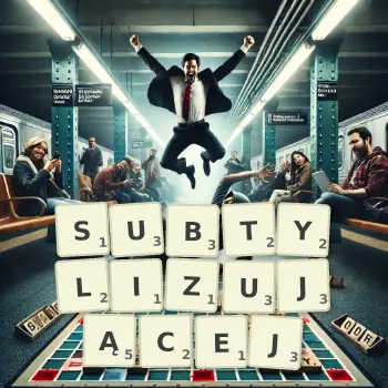 Kreatywna ilustracja do gry w Scrabble ze słowem SUBTYLIZUJĄCEJ ułożonym z płytek na planszy.